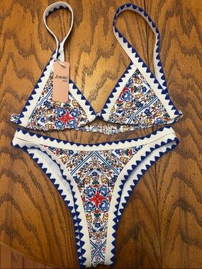 Jimmi Swim Women's Blue & White Printed Triangle Bikini